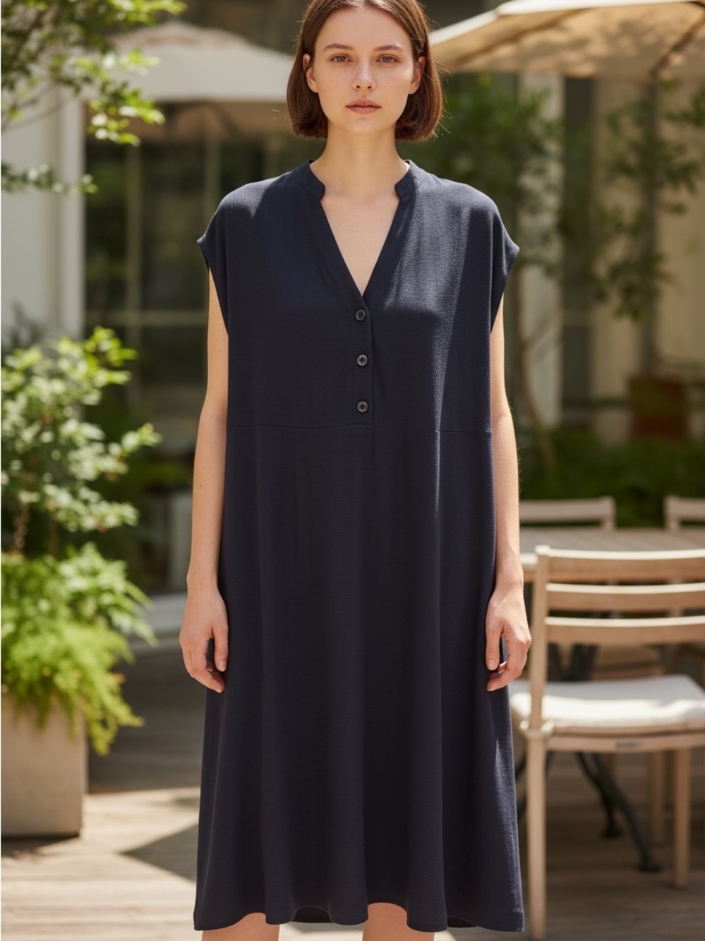 J. Jill Navy V-Neck Button-Front Knit Midi Dress